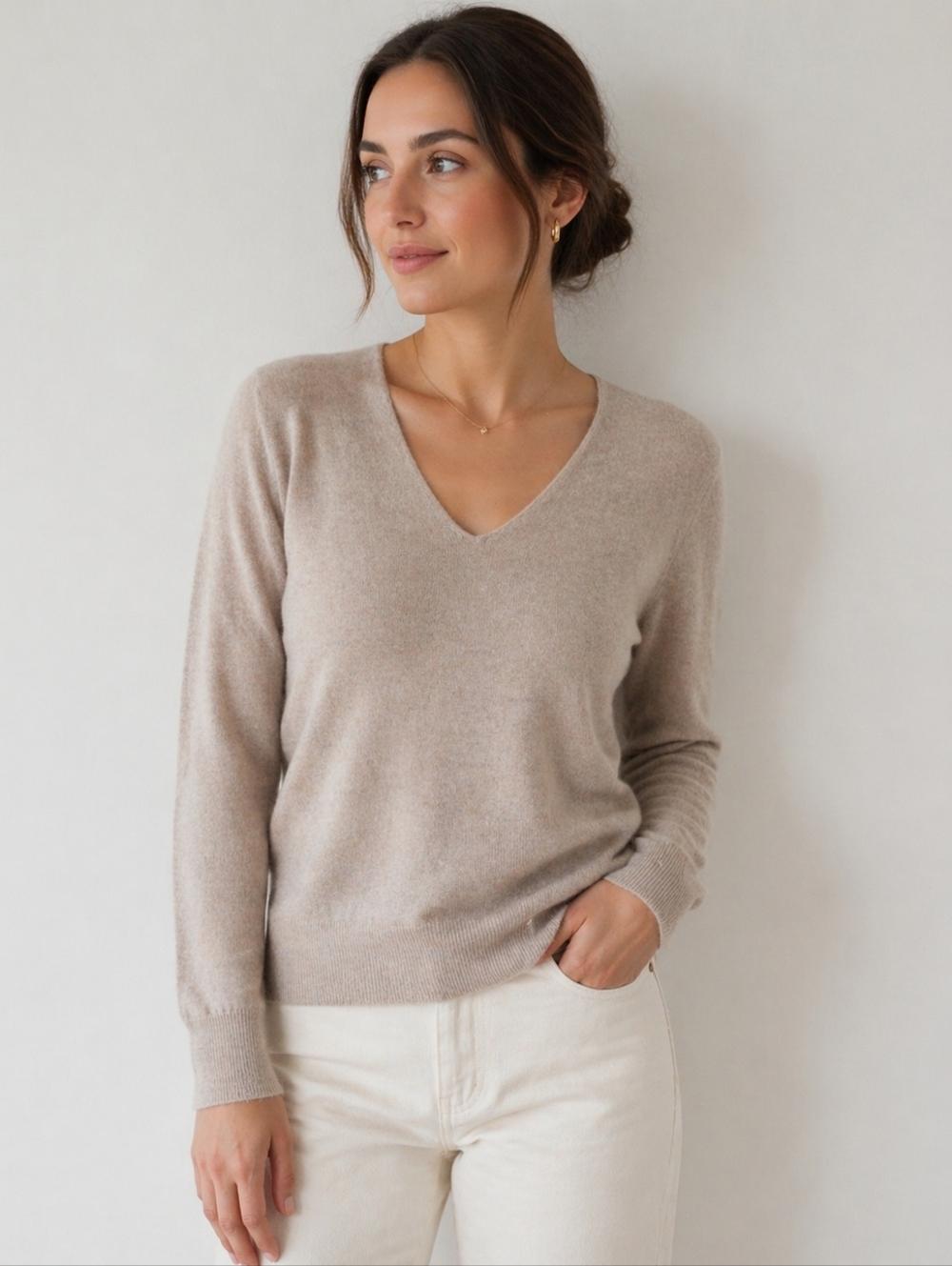 United Colors of Benetton 100% Virgin Wool Beige V Neck Sweater Quiet Luxury Sm
